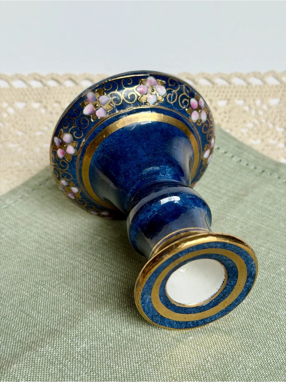 Vintage Blue Cloisonné Style Porcelain Candlestick Holder Gold Floral Decor